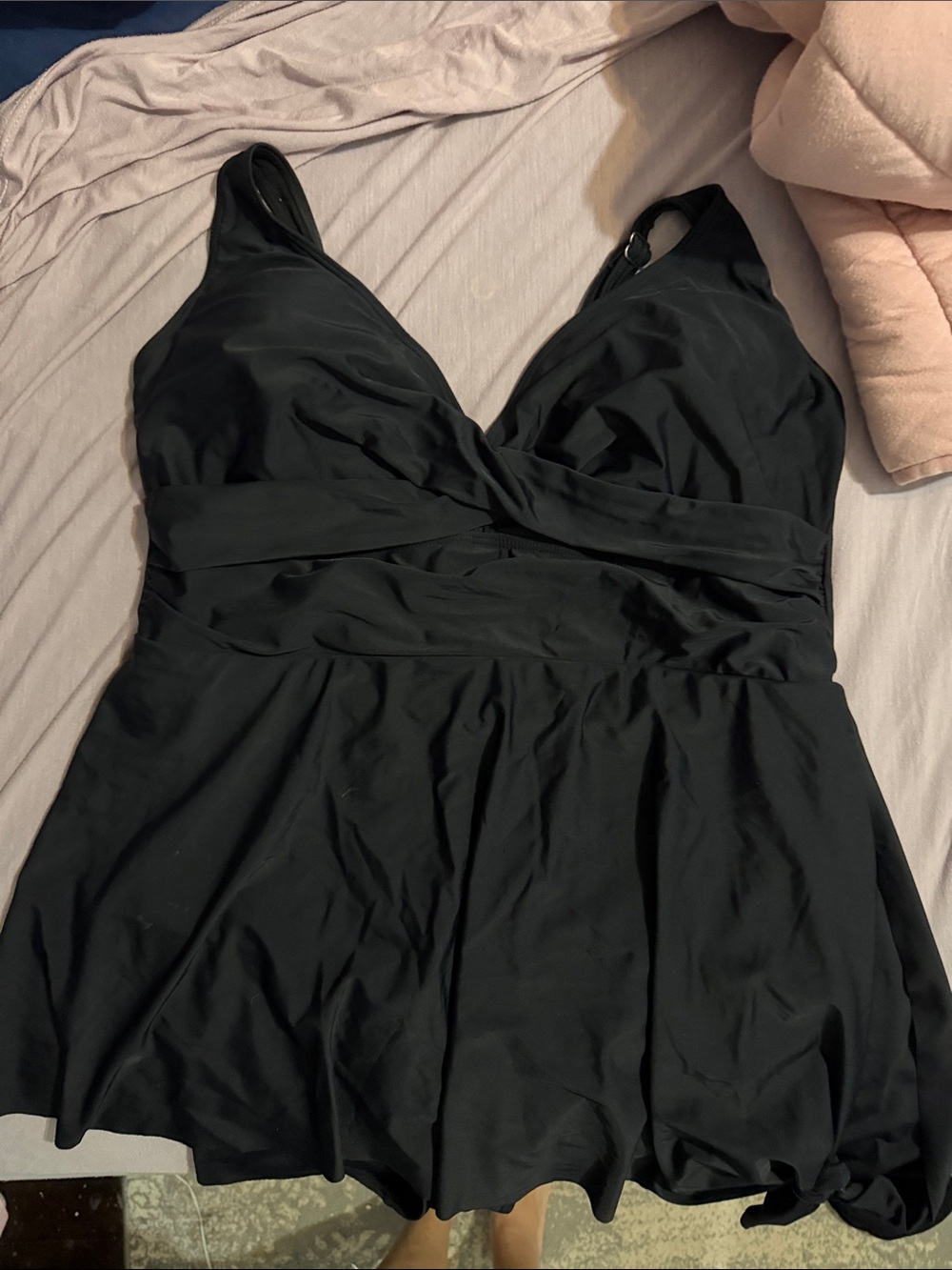 Black V-Neck Swimdress with Flared Skirt
